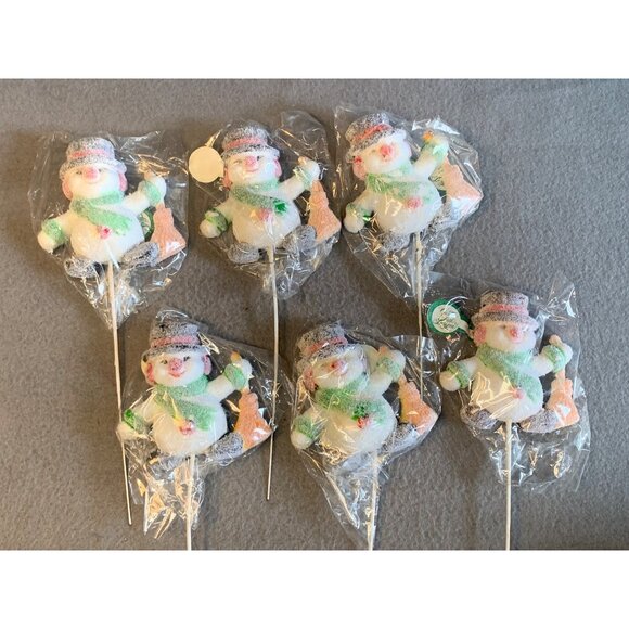 Flocked Snowman Set of 6 Floral Picks Made in Hong Kong Holiday Decor Vintage - Picture 1 of 13